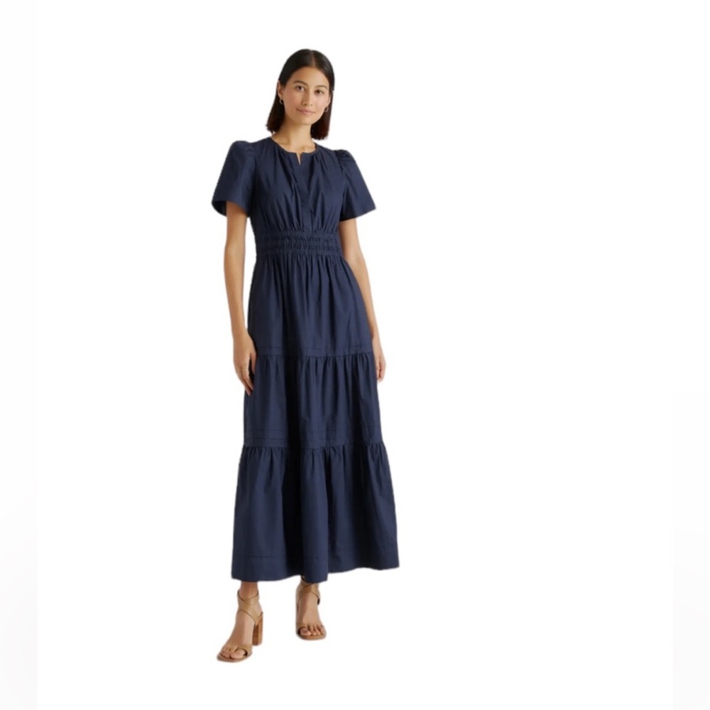 NWT Quince Organic Cotton Tiered Maxi Dress Medium Navy Pocket Cottagecore Boho